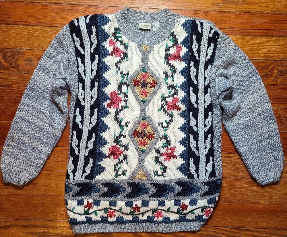 VTG 80's Women Oversized Chunky Knit Floral Sweater SZ M Grandma Cottagecore